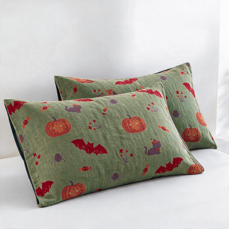 Ownkoti Halloween Pumpkin Cat Spider Cotton Blanket - Green - 2PCS Pillowcases - 20" x 36" - image 11