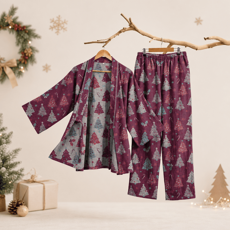 Ownkoti Christmas Tree Cotton Kimono Loungewear Set - Purple - XL - image 15