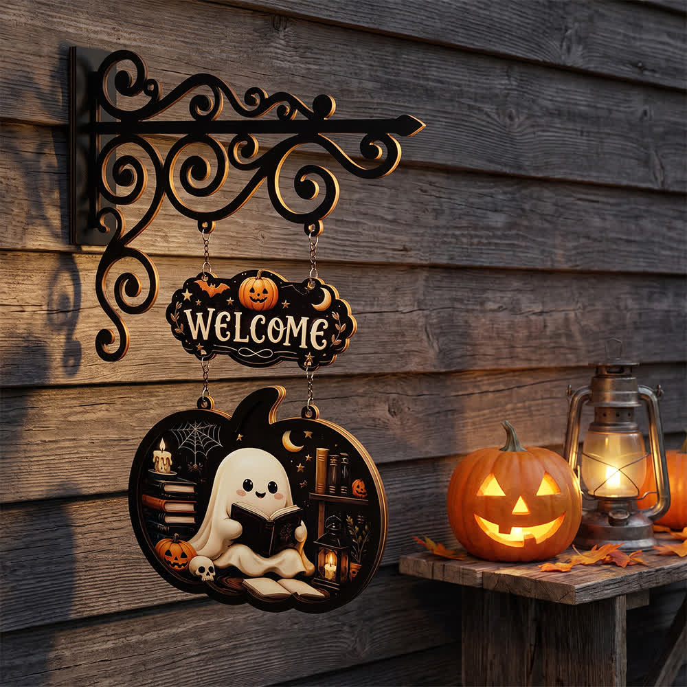 Ownkoti Spooky & Cute Pumpkin Hanging Wooden Door Sign - Reading - 4PCS - 10"W x 15"H - image 0