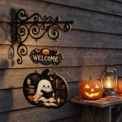 Ownkoti Spooky & Cute Pumpkin Hanging Wooden Door Sign - Reading - 4PCS - 10"W x 15"H - image 0