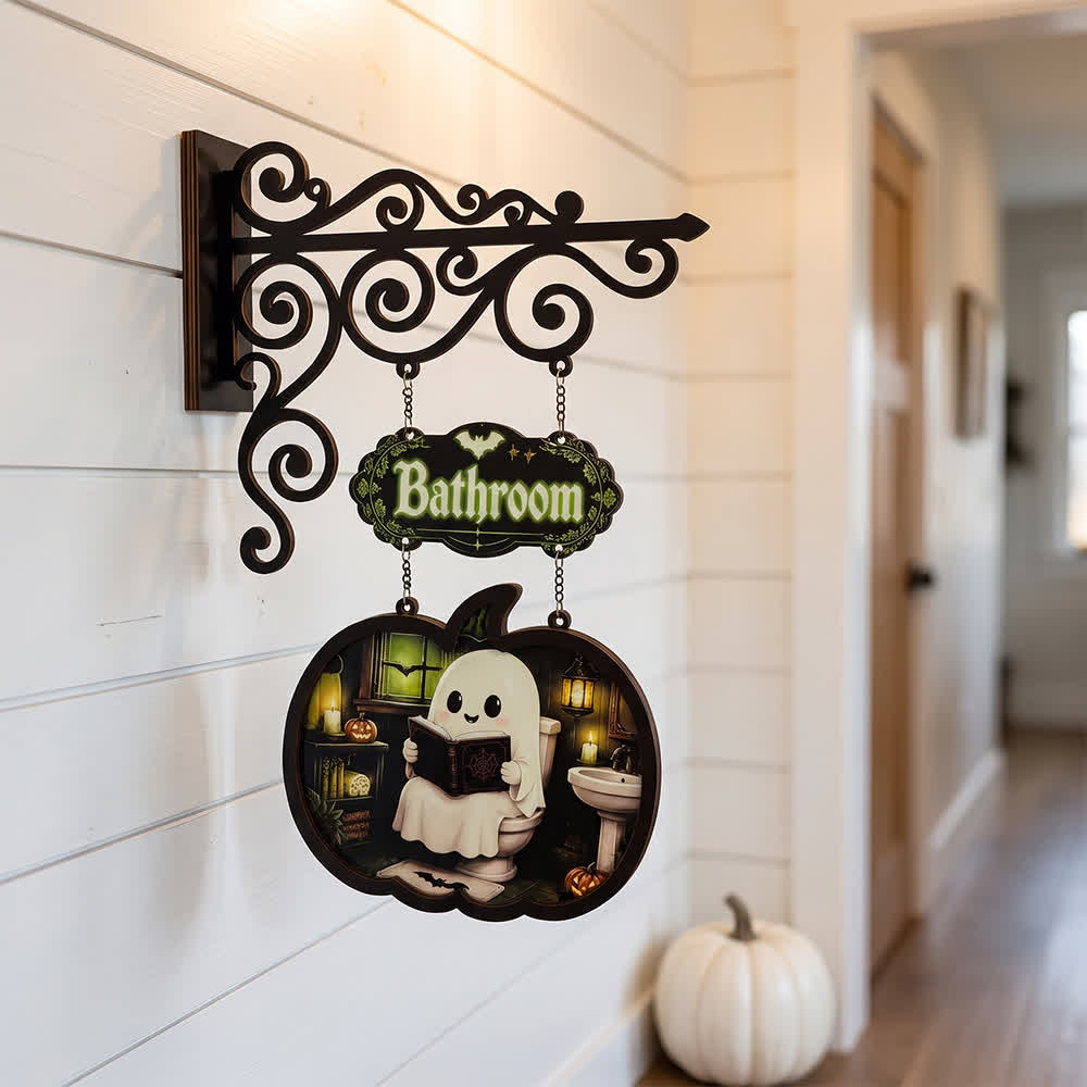 Ownkoti Spooky & Cute Pumpkin Hanging Wooden Door Sign - Bathroom - 4PCS - 10"W x 15"H - image 2