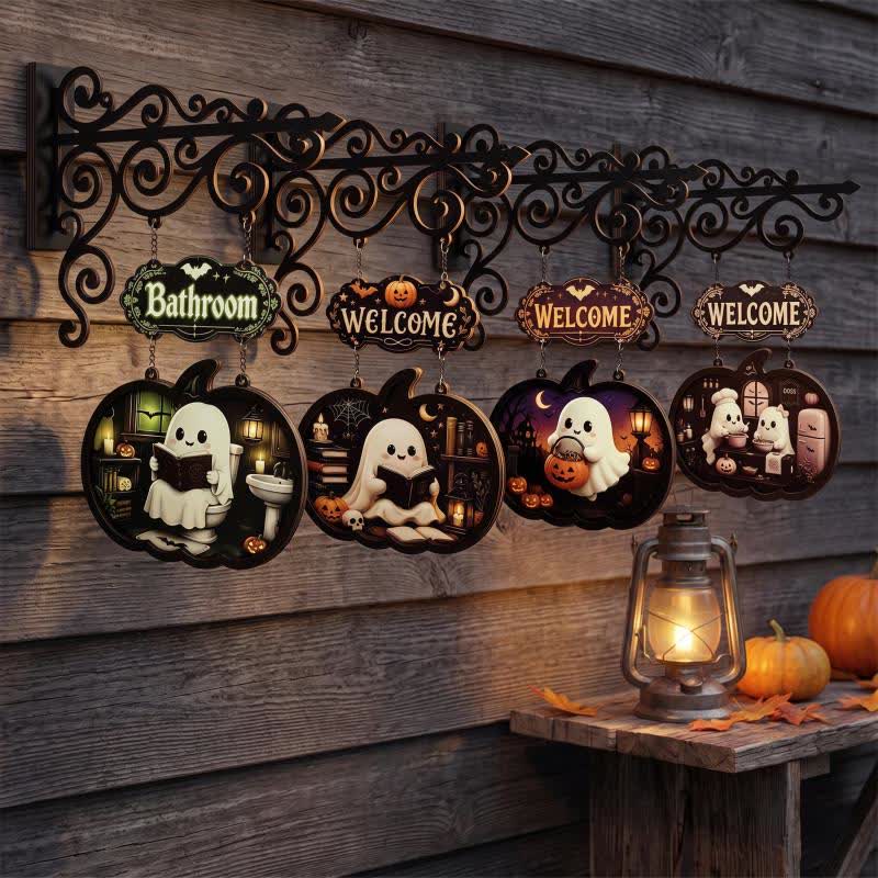 Ownkoti Spooky & Cute Pumpkin Hanging Wooden Door Sign - Set 4 Patterns - 4PCS - 10"W x 15"H - image 1