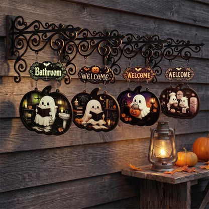 Ownkoti Spooky & Cute Pumpkin Hanging Wooden Door Sign - Set 4 Patterns - 4PCS - 10"W x 15"H - image 1