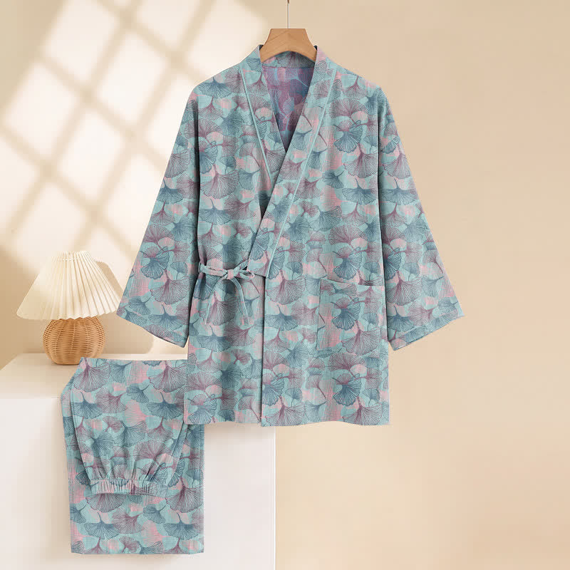 Ownkoti Retro Ginkgo Leaf Cotton Kimono Pajama Set - image 4