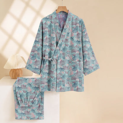 Ownkoti Retro Ginkgo Leaf Cotton Kimono Pajama Set - image 4