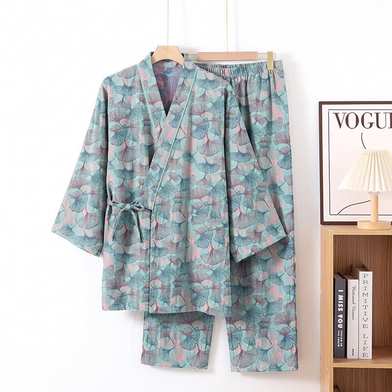 Ownkoti Retro Ginkgo Leaf Cotton Kimono Pajama Set - Blue - XL - image 1