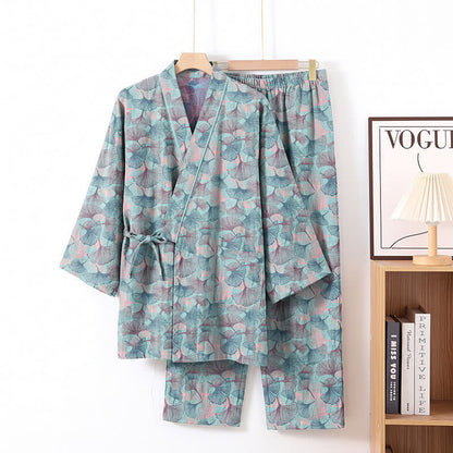 Ownkoti Retro Ginkgo Leaf Cotton Kimono Pajama Set - Blue - XL - image 1