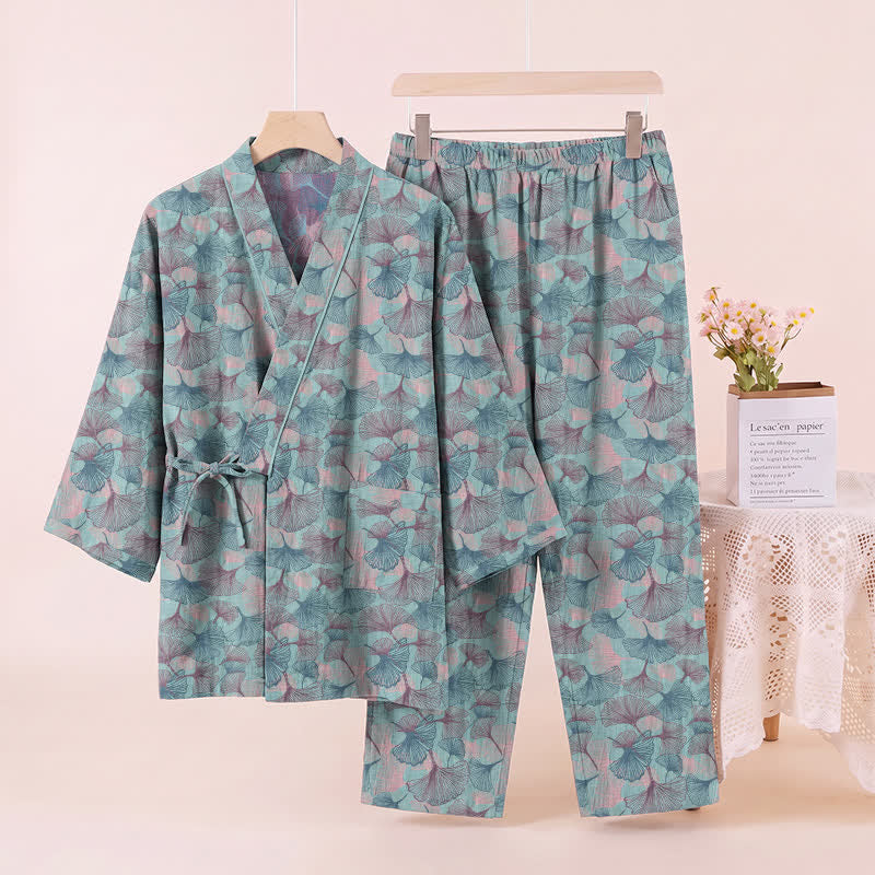 Ownkoti Retro Ginkgo Leaf Cotton Kimono Pajama Set - image 2