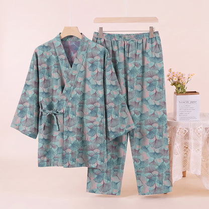 Ownkoti Retro Ginkgo Leaf Cotton Kimono Pajama Set - image 2