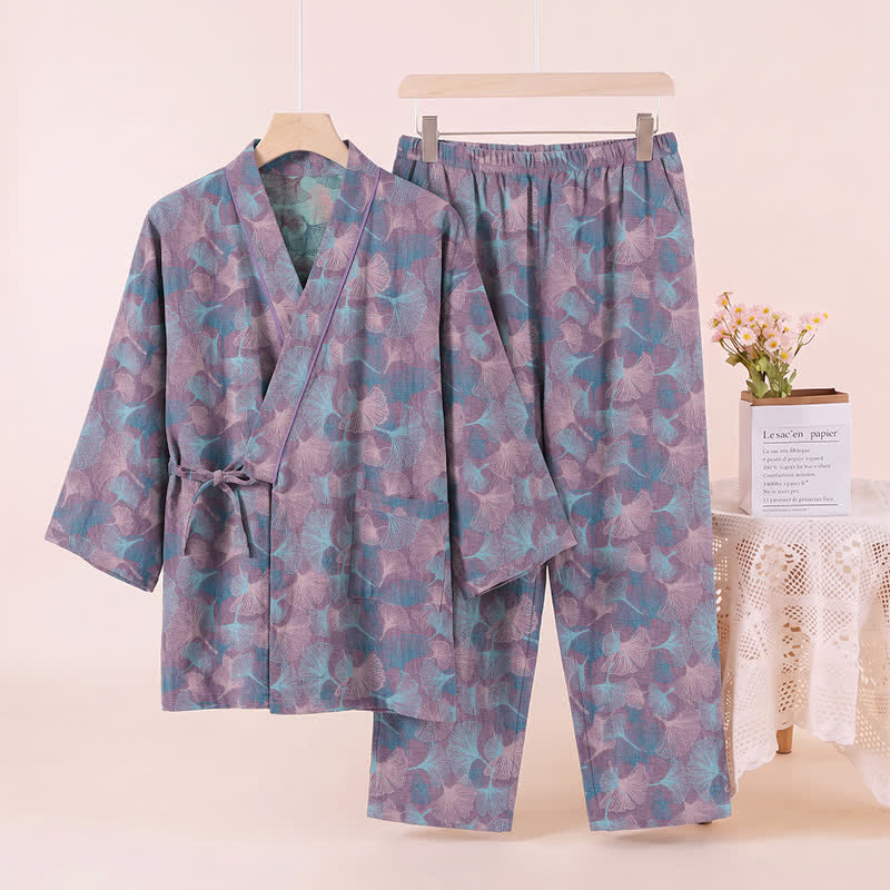 Ownkoti Retro Ginkgo Leaf Cotton Kimono Pajama Set - image 8