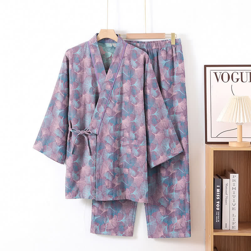 Ownkoti Retro Ginkgo Leaf Cotton Kimono Pajama Set - Purple - XL - image 6