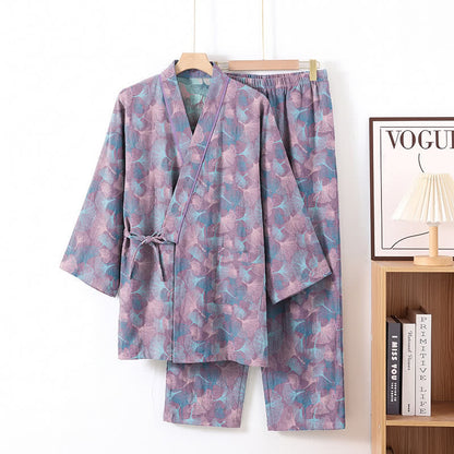 Ownkoti Retro Ginkgo Leaf Cotton Kimono Pajama Set - Purple - XL - image 6