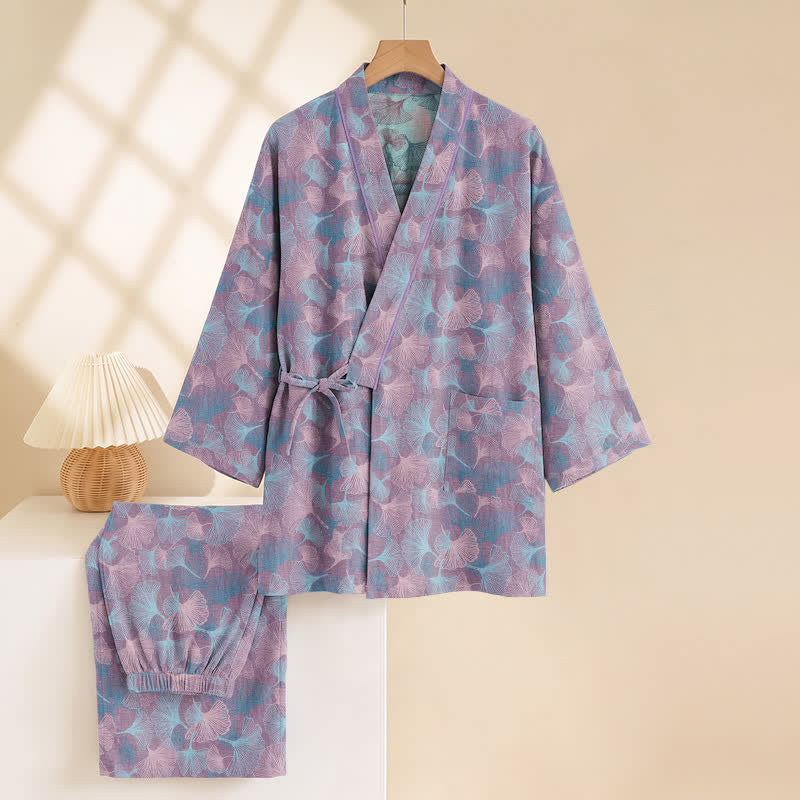 Ownkoti Retro Ginkgo Leaf Cotton Kimono Pajama Set - image 10