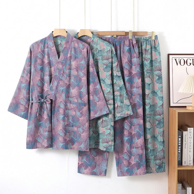 Ownkoti Retro Ginkgo Leaf Cotton Kimono Pajama Set - image 7