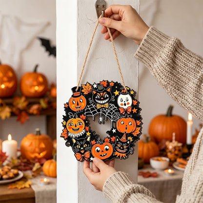 Ownkoti Halloween Wooden Wreath Sign with Jute Rope - Black Cat & Pumpkin - 4PCS - 7.87" - image 0