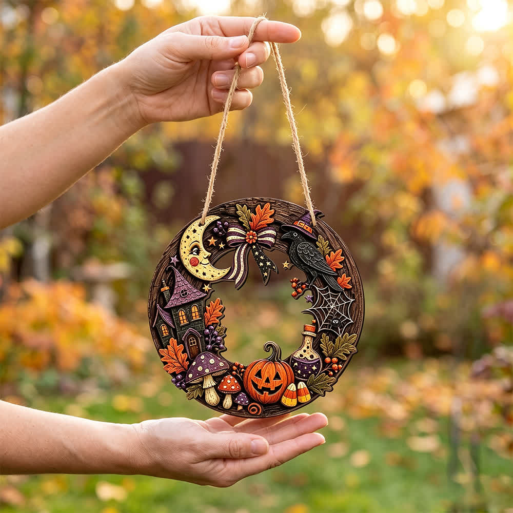 Ownkoti Halloween Wooden Wreath Sign with Jute Rope - Witch House - 4PCS - 7.87" - image 3