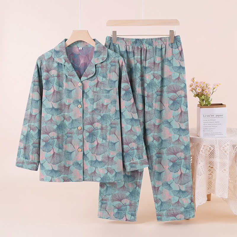 Ownkoti Ginkgo Leaf Cotton Notched‑Collar Loungewear Set - Blue - XL - image 0