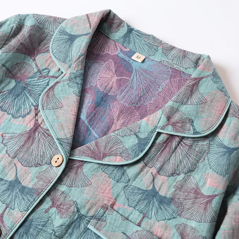 Ownkoti Ginkgo Leaf Cotton Notched‑Collar Loungewear Set - image 3