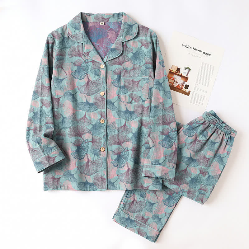 Ownkoti Ginkgo Leaf Cotton Notched‑Collar Loungewear Set - image 2