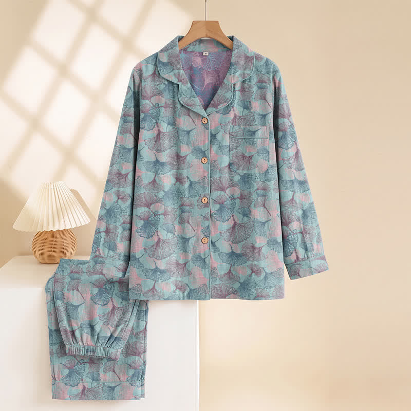 Ownkoti Ginkgo Leaf Cotton Notched‑Collar Loungewear Set - image 1