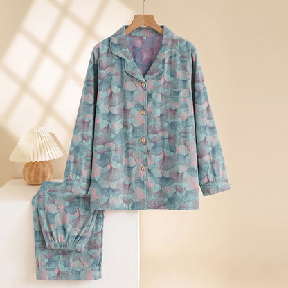 Ownkoti Ginkgo Leaf Cotton Notched‑Collar Loungewear Set - image 1