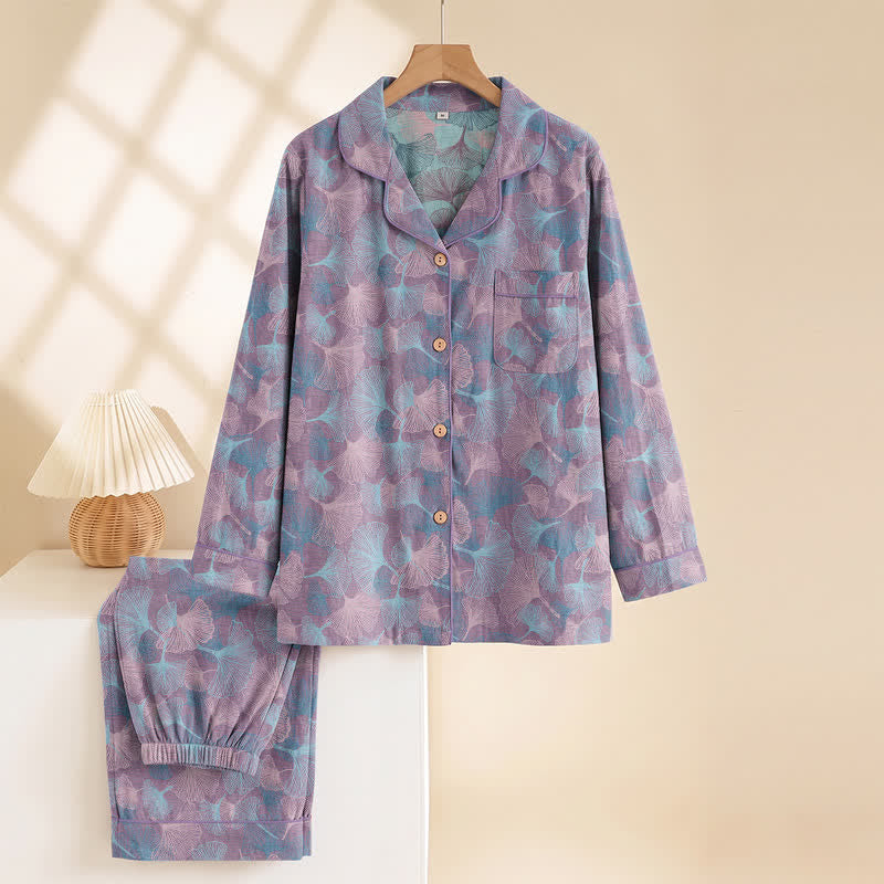 Ownkoti Ginkgo Leaf Cotton Notched‑Collar Loungewear Set - image 7