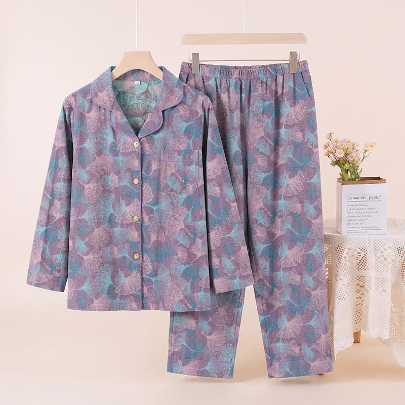 Ownkoti Ginkgo Leaf Cotton Notched‑Collar Loungewear Set - Purple - XL - image 5