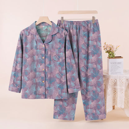 Ownkoti Ginkgo Leaf Cotton Notched‑Collar Loungewear Set - Purple - XL - image 5