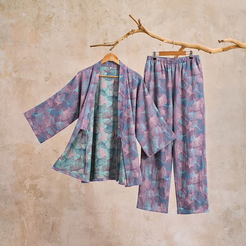 Ownkoti Ginkgo Leaf Cotton Notched‑Collar Loungewear Set - image 6