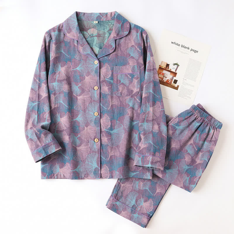 Ownkoti Ginkgo Leaf Cotton Notched‑Collar Loungewear Set - image 8