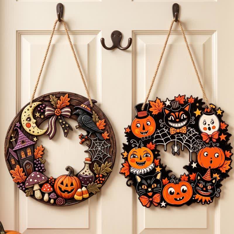 Ownkoti Halloween Wooden Wreath Sign with Jute Rope - Set 2 Patterns - 4PCS - 7.87" - image 6