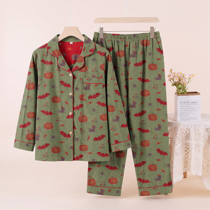 Ownkoti Halloween Pumpkin Bat Cotton Loungewear Set - Green - XL - image 6