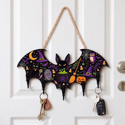 Ownkoti Halloween Bat Shaped Wooden Key Holder - Witch Cat & Cauldron - 4PCS - 12"L x 5"H - image 2