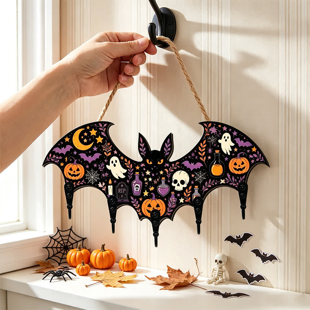 Ownkoti Halloween Bat Shaped Wooden Key Holder - Ghost & Skull - 4PCS - 12"L x 5"H - image 0