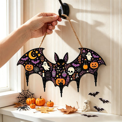 Ownkoti Halloween Bat Shaped Wooden Key Holder - Ghost & Skull - 4PCS - 12"L x 5"H - image 0
