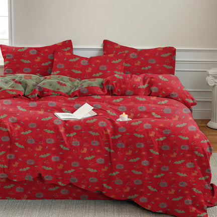 Ownkoti Halloween Pumpkin Bat Cotton Bedding Set - Red - Bedding Set(4PCS) - King - image 0