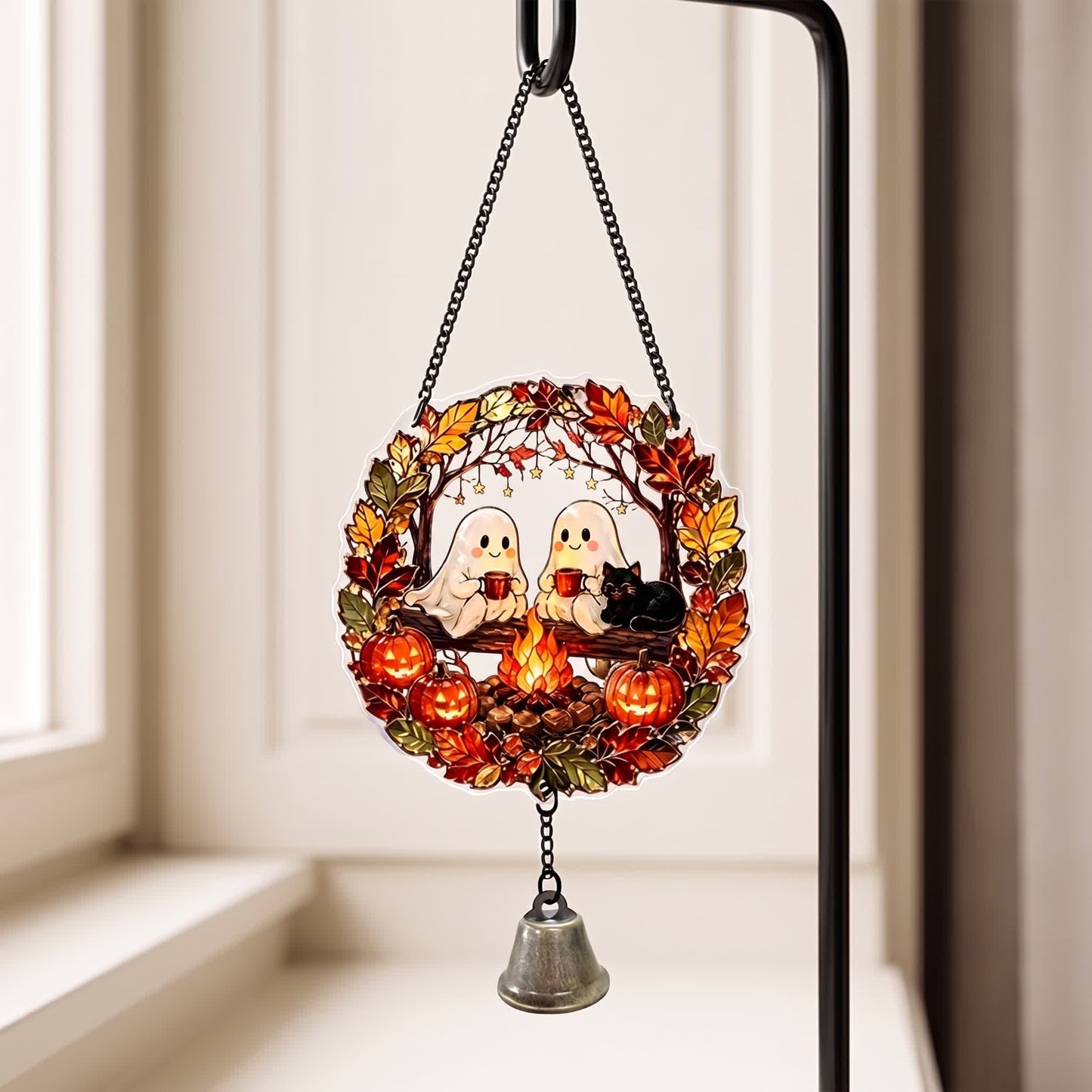 Ownkoti Halloween Acrylic Suncatcher Hanging Ornament with Bell - 2 Ghosts - 5PCS - image 7