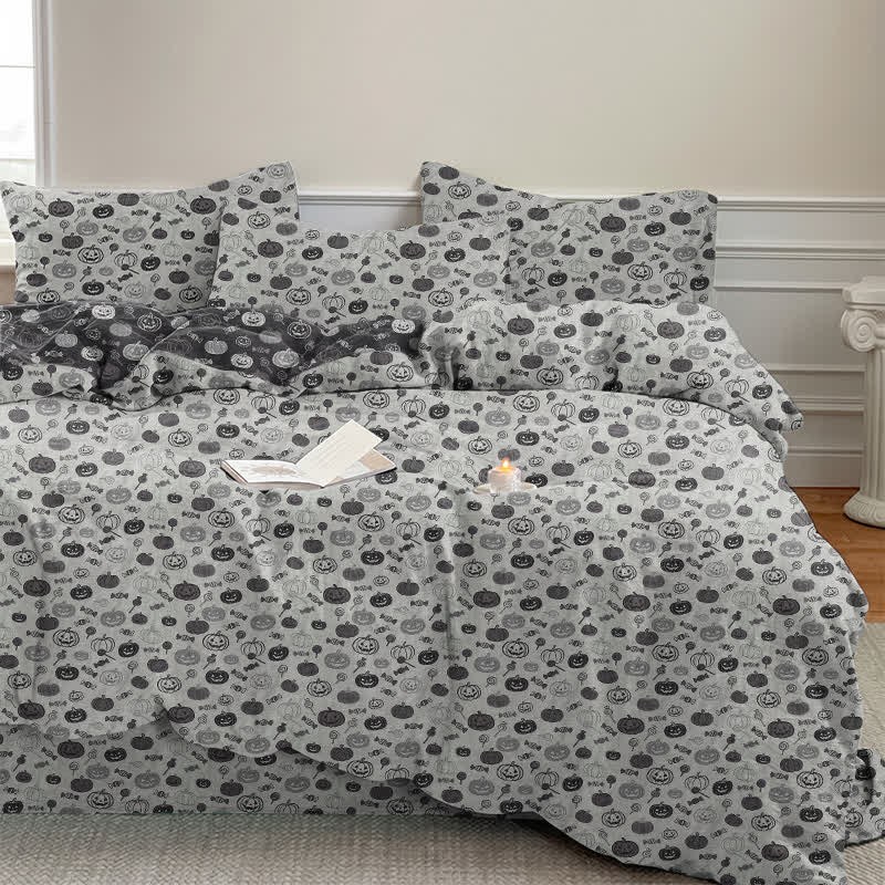 Ownkoti Halloween Monochrome Pumpkin Cotton Bedding Set - White - Bedding Set(4PCS) - King - image 8