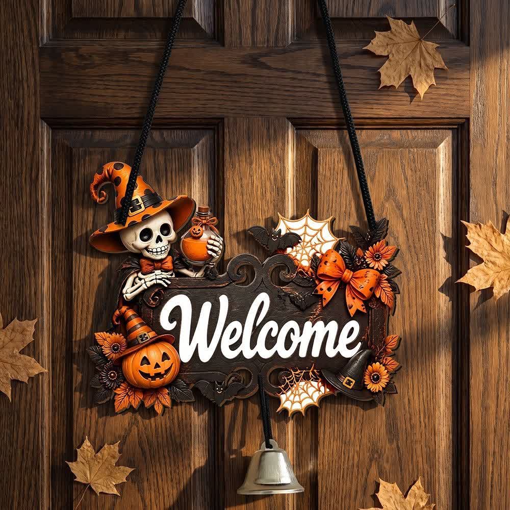 Ownkoti Gothic Wooden Halloween Welcome Door Sign - Skeleton Witch - 5PCS - image 3