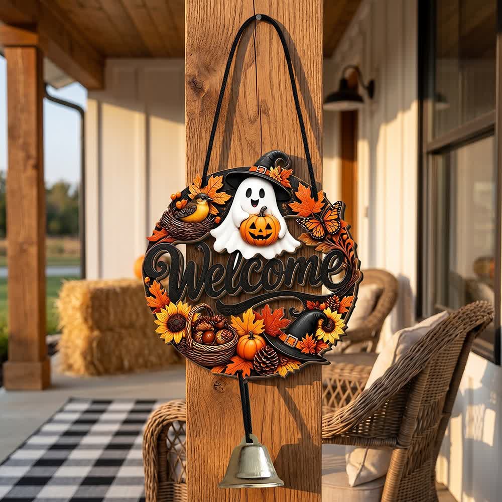 Ownkoti Gothic Wooden Halloween Welcome Door Sign - Ghost & Pumpkin - 5PCS - image 0