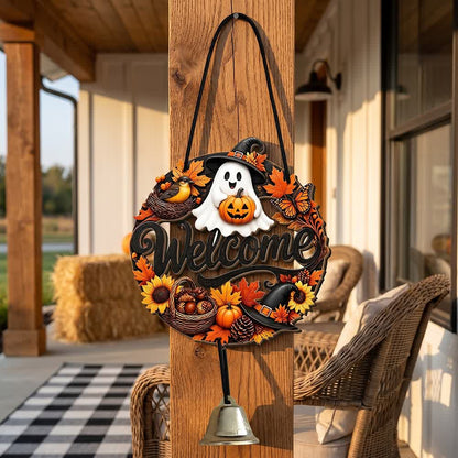 Ownkoti Gothic Wooden Halloween Welcome Door Sign - Ghost & Pumpkin - 5PCS - image 0