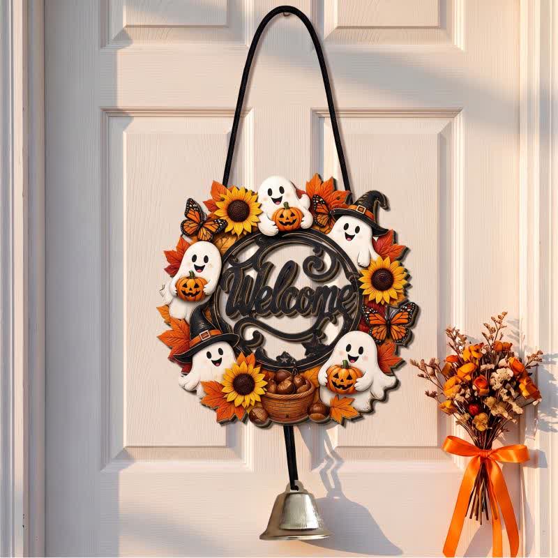 Ownkoti Gothic Wooden Halloween Welcome Door Sign - Ghost Wreath - 5PCS - image 1