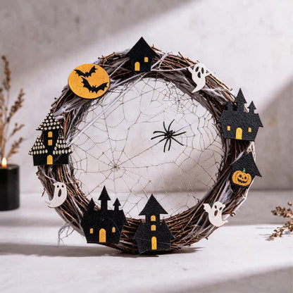 Ownkoti Halloween Twig Wreath With Spiderweb Ornaments - Black - 12" x 12" - image 0