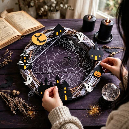 Ownkoti Halloween Twig Wreath With Spiderweb Ornaments - image 4