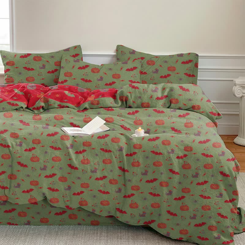 Ownkoti Halloween Pumpkin Bat Cotton Bedding Set - Green - Bedding Set(4PCS) - King - image 8