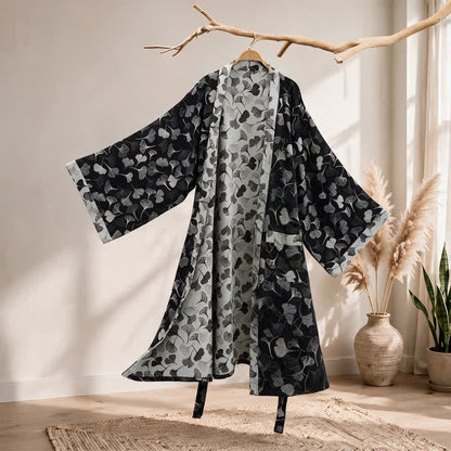 Ownkoti Black White Ginkgo Leaf Cotton Kimono Robe - Black - 2XL - image 0