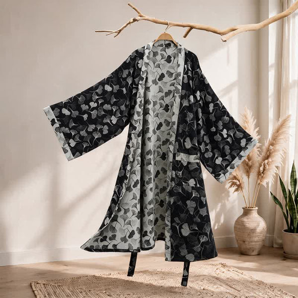 Ownkoti Black White Ginkgo Leaf Cotton Kimono Robe - Black - 2XL - image 0