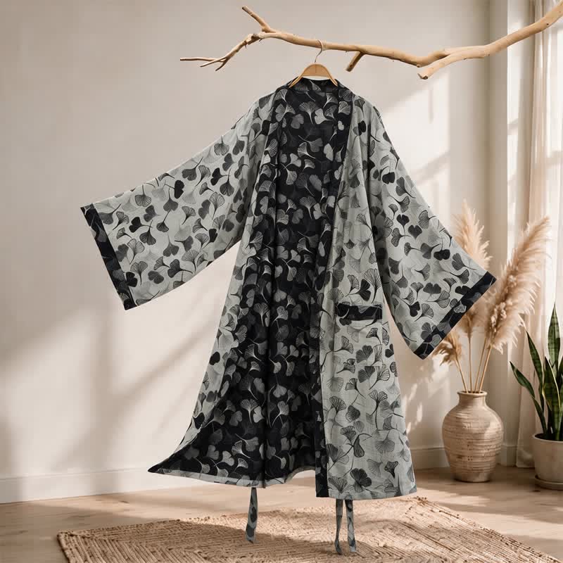 Ownkoti Black White Ginkgo Leaf Cotton Kimono Robe - White - 2XL - image 5