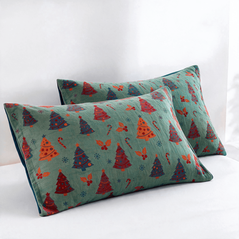 Ownkoti Festive Christmas Tree Cotton Gauze Blanket - Green - 2PCS Pillowcases - 20" x 36" - image 11