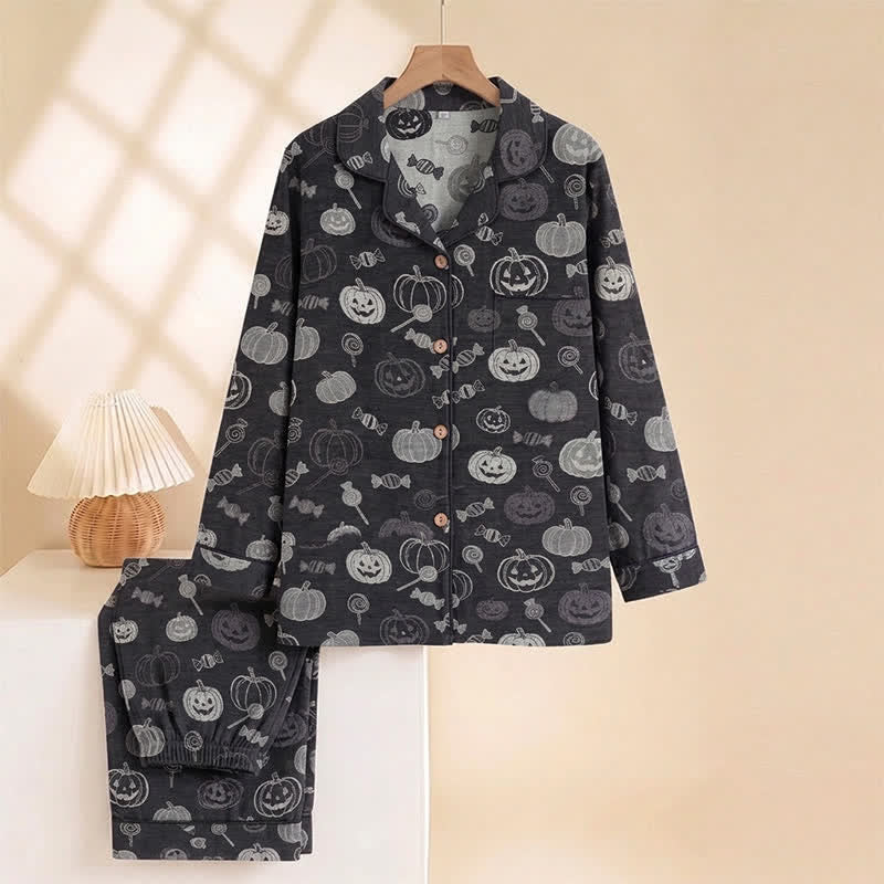 Ownkoti Black Halloween Pumpkin Candy Cotton Loungewear Set - image 1